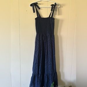 Navy blue stretch & crochet style dress with bow tie shoulder straps